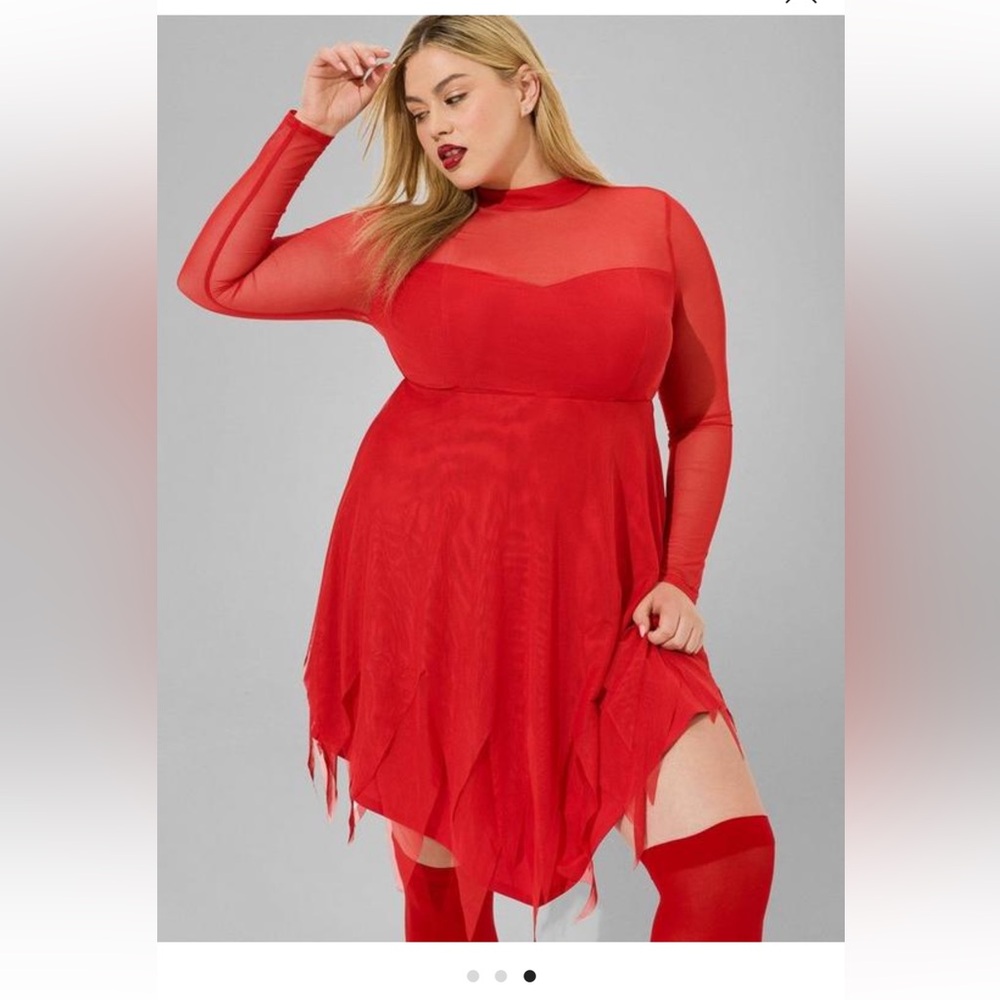 Mesh Long Sleeve High Neck Dress red